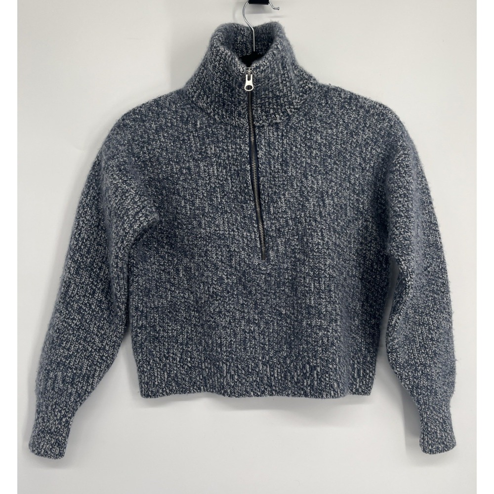 EVERLANE Women's Half Zip Merino Wool Cropped Sweater Blue Thick Luxe Size S